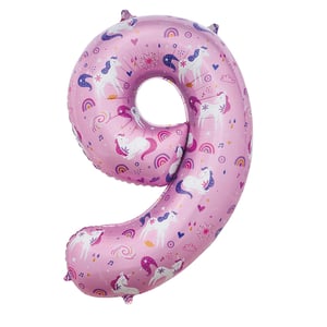 a pink number 9 balloon with unicorns and rainbows on it