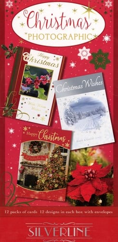 a box of silver pine christmas photographic cards