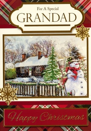 a christmas card for a special grandad with a snowman in front of a house