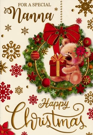 a christmas card for a special nanna with a teddy bear holding a gift