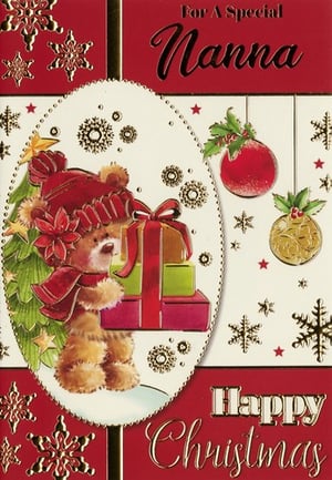 a christmas card for a special nanna with a teddy bear