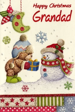 a christmas card with a teddy bear giving a gift to a snowman