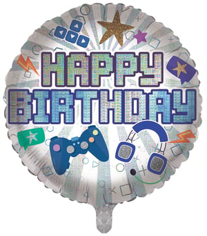 Make every birthday a winning celebration with our 18" Happy Birthday Gaming Icons foil balloon from Sensations! This eye-catching single balloon features a vibrant, pixelated "HAPPY BIRTHDAY" message that shimmers with an iridescent finish.

It's decorated with popular gaming symbols, including a controller, headphones, and classic button icons, making it ideal for any gaming enthusiast's special day. The stylish silver background, subtly patterned with game-inspired shapes, adds a cool touch. Offer your customers this exciting party accessory for their gaming-themed birthdays. It's sure to be a popular choice!