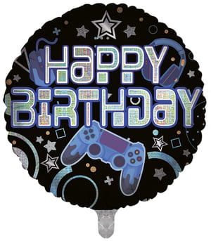 Get ready to level up their special day with our 18" Happy Birthday Gaming balloon! This eye-catching black balloon features "HAPPY BIRTHDAY" in shimmering blue holographic letters, sure to delight any gaming enthusiast.

Adorned with cool gaming essentials like a controller, headphones, and a computer mouse, alongside stylish silver stars and geometric accents, it's the perfect decoration for a themed celebration. This vibrant balloon adds a fun, festive touch to any birthday party. Make their day extra memorable with this fantastic gaming balloon!