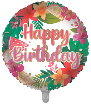 Brighten any birthday celebration with our stunning 18" Happy Birthday Floral And Fruits foil balloon from Sensations! This eye-catching balloon features a vibrant, tropical-inspired design, perfect for adding a splash of colour and fun to any party.

The cheerful 'Happy Birthday' message is beautifully framed by an exquisite wreath of lush green foliage, exotic flowers, and refreshing fruit slices like watermelon and citrus. With its lively colours and festive feel, this single balloon is an absolute must-have for creating memorable moments. It’s ideal for summer birthdays, garden parties, or anyone who loves a touch of tropical charm. A truly delightful addition to your party supplies!