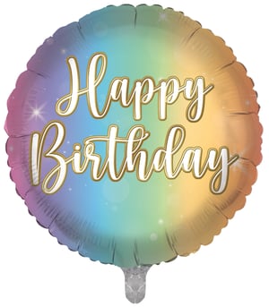 Make every birthday celebration shine with our delightful 18" Happy Birthday foil balloon, brought to you by Sensations. This eye-catching round balloon features a captivating rainbow ombre design, gracefully blending shades of purple, blue, green, and golden yellow. The elegant script "Happy Birthday" message is beautifully presented in white with a sophisticated gold outline, giving it a premium feel. Delicate sparkling accents are scattered across the balloon, adding a festive shimmer. Ideal for all ages and celebrations, this versatile balloon is supplied as a single unit, perfect for enhancing your party product selection. A popular choice for making any birthday extra special!