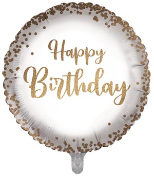 Make any birthday celebration truly sparkle with our stunning 18" Happy Birthday Gold Confetti balloon! This elegant round foil balloon boasts a chic silver-white finish, beautifully showcasing a shimmering gold 'Happy Birthday' message in a stylish script font. The edges are playfully adorned with delicate gold confetti dots, adding a touch of glamour and festivity to any party setting.

Perfect for creating a memorable display, this eye-catching 18-inch balloon is an absolute must-have for retailers and party planners. Its generous size ensures it stands out, making it an ideal focal point for any birthday bash. Sold individually, it offers superb flexibility for all your celebratory needs. Bring joy and a touch of golden sparkle to every special occasion!