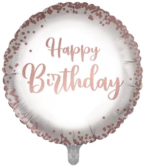 Make any birthday celebration sparkle with this stunning 18" Happy Birthday Rose Gold Confetti foil balloon! Featuring a chic silver background adorned with a scattering of beautiful rose gold confetti dots, this balloon truly stands out. The elegant 'Happy Birthday' message, also in shimmering rose gold script, adds a touch of sophistication to any party decor. Perfect for creating eye-catching displays or as a thoughtful gift, this high-quality balloon is sold individually, making it easy for you to stock up for your customers. A must-have for those seeking a stylish and memorable birthday accessory.