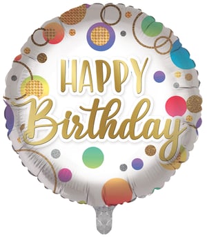 Make every birthday celebration shine with our vibrant 18" Happy Birthday Coloured Spots foil balloon from Sensations! This eye-catching round balloon features a delightful design that's sure to impress. Bold gold 'HAPPY Birthday' lettering takes centre stage, beautifully complemented by a playful scattering of colourful gradient spots, shimmering gold patterns, and sparkling silver glitter accents.

Perfect for adding a festive touch to any party decor, its cheerful design and brilliant colours will brighten up any occasion. Supplied individually, these high-quality balloons are ready to inflate and delight your customers. Stock up on this must-have birthday essential today!
