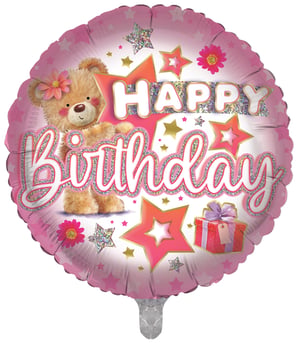 Bring an abundance of joy to any birthday celebration with our charming 18" Happy Birthday Cute Bear foil balloon! This delightful pink balloon showcases an adorable brown bear, adorned with a sweet pink flower, ready to spread cheer.

The 'Happy Birthday' message truly sparkles with glittery details, beautifully framed by a scattering of stars and vibrant flowers. A festive gift box completes this heartwarming scene. Perfect for adding a touch of cuteness and sparkle to any party, this balloon is guaranteed to make the birthday person feel extra special. Supplied by Sensations, these balloons are available individually, making them a convenient choice for your retail offering.