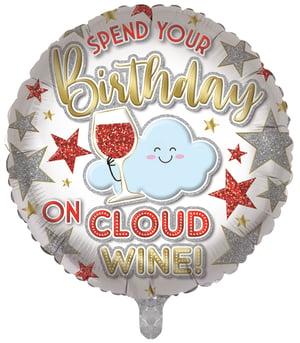 Raise a toast to a fantastic birthday with our delightful 18" Birthday On Cloud Wine foil balloon! This charming balloon features a happy cloud character cheerfully holding a sparkling glass of red wine, perfectly capturing the sentiment of spending your special day "on cloud wine".

Adorned with shimmering gold and red glitter accents, along with a scattering of silver and red stars, this eye-catching balloon is sure to bring smiles and a touch of sparkle to any birthday celebration. It's the perfect way to wish someone a truly relaxing and enjoyable birthday. Supplied as a single balloon, it's ready to inflate and celebrate!
