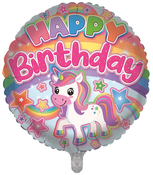 Bring a touch of magic to any birthday celebration with our delightful 18" Happy Birthday Unicorn balloon. This vibrant foil balloon, from Sensations, features a charming unicorn with a colourful rainbow mane and tail, set against a sparkling background of stars and a cheerful 'HAPPY BIRTHDAY' message.

Its bright, eye-catching design is perfect for creating a memorable party atmosphere, making it an ideal choice for children's birthdays. This enchanting balloon is sure to be a firm favourite with customers. Available in convenient single packs for easy ordering.