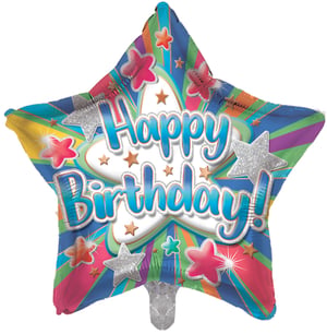 Add a burst of joy to any birthday celebration with our dazzling 18" Happy Birthday Star foil balloon from Sensations! This vibrant, star-shaped balloon is a true showstopper, featuring a cheerful "Happy Birthday!" message in sparkling blue, beautifully highlighted against a dynamic backdrop of radiating colourful stripes. It's adorned with an array of glittery silver, glossy pink, and charming gold stars, creating an irresistibly festive look.

Perfect for making any birthday feel extra special, this eye-catching balloon is sure to delight. Supplied individually, it's ideal for retailers looking to offer a brilliant, ready-to-inflate option for their customers' party needs. Make every birthday memorable!