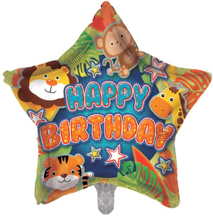 Make their special day roar with excitement with our 18" Happy Birthday Animals Star balloon! This vibrant, star-shaped foil balloon is bursting with jungle fun, featuring an adorable cast of safari friends including a cheerful lion, playful monkey, friendly giraffe, and a cute tiger.

The bold 'Happy Birthday' message takes centre stage, surrounded by sparkling stars and lush green foliage. Perfect for any animal-themed celebration or simply to add a splash of colour and joy to a birthday party. Supplied by Sensations, this eye-catching balloon is sure to bring smiles and create unforgettable memories. Sold individually, it's ready to inflate and delight!