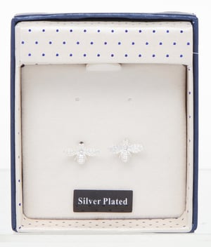 a pair of silver plated bee stud earrings in a box