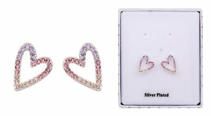 a pair of silver plated heart shaped earrings in a box
