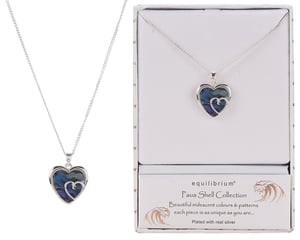 a necklace in a box that says equilibrium paua shell collection