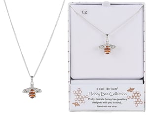 a necklace in a box that says equilibrium honey bee collection