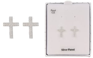 a pair of silver plated cross earrings in a box