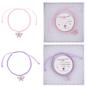 a pink and purple bracelet with a butterfly pendant from equilibrium for girls