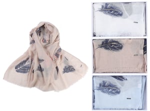 three different colored scarves with feathers on them