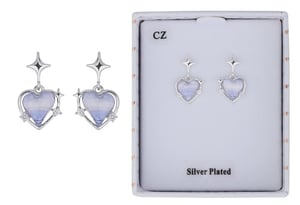 a pair of silver plated heart shaped earrings in a box
