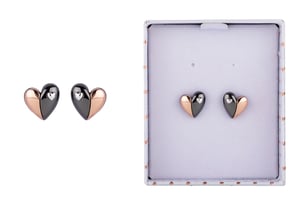 a pair of black and rose gold heart shaped stud earrings