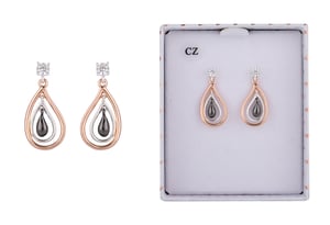 a pair of earrings in a box that says cz