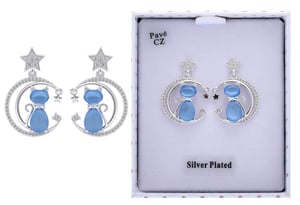 a pair of silver plated cat earrings in a box