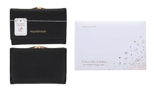 a black wallet with the word equilibrium on it