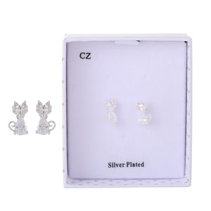 a pair of silver plated cat stud earrings in a box