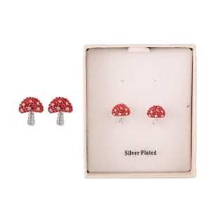a pair of silver plated mushroom earrings in a box