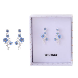 a pair of silver plated earrings with blue flowers