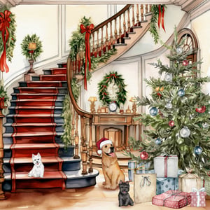 Bring the magic of a festive home to your Christmas table with our charming Christmas Staircase Lunch Napkins. This delightful design captures a grand staircase adorned with lush green garlands and bright red bows, alongside a beautifully decorated Christmas tree laden with presents. Adorable dogs, including a golden retriever in a Santa hat, add a touch of playful cheer to the scene. Made from high-quality 3-ply paper, these napkins are both soft and absorbent, perfect for any festive gathering. Each pack contains 20 napkins, ensuring you have plenty for your guests. From Anniversary House, these napkins are an essential addition to your holiday entertaining.