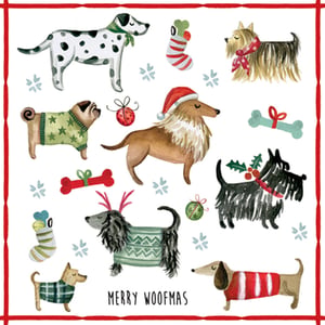 Bring festive cheer to your Christmas table with these adorable Christmas Dogs Lunch Napkins! Each pack contains 20 high-quality, 3-ply napkins, perfect for any festive gathering.
Featuring a delightful array of watercolour dogs dressed in their best holiday outfits – from Santa hats and cosy jumpers to playful reindeer antlers – these napkins are sure to make your guests smile. Scattered with charming snowflakes and festive decorations like stockings and baubles, and finished with a cheerful 'MERRY WOOFMAS' message, they're the ideal addition to your holiday celebrations. Make your Christmas meal extra special and mess-free with these charming dog-themed napkins.