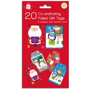 Make every present extra special this Christmas with our 20 Novelty Cute Gift Tags! This delightful pack contains 20 co-ordinating foiled tags, featuring 4 charming designs. You'll discover festive characters like Santa, cheerful elves, playful penguins, and jolly snowmen, all enhanced with a metallic finish. Each tag includes a metallic cord for easy attachment, adding a lovely touch to any gift. The packaging is also recyclable, a thoughtful detail for the holiday season. Supplied by Design Group, these tags are available in a convenient wholesale pack of 25, perfect for retailers looking to offer customers a touch of festive fun.