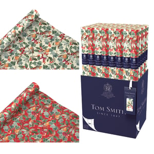 Elevate your gift-wrapping offerings this festive season with the exquisite 4m Tom Smith Christmas Nest Wrap. This luxury gift wrap features charming designs, including delightful robins nestled amongst festive holly and berries on both classic cream and vibrant red backgrounds. Crafted by Tom Smith, a name synonymous with quality since 1847, each 4-metre roll promises a premium feel. Your customers will appreciate the handy cutting grid on the reverse, ensuring perfectly neat presents every time. Stock up effortlessly with our convenient pack size of 50 rolls, ideal for busy retailers looking to provide a touch of traditional Christmas elegance. Make every gift extra special.
