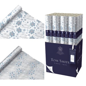 Elevate your Christmas gift wrapping with the exquisite 4m Tom Smith Gentle Snowfall Wrap. This stunning design features delicate blue and silver snowflake-inspired patterns, elegantly intertwined with classic 'Merry Christmas' script on a crisp white background. Perfect for adding a touch of sophisticated festive cheer to any present.
Each roll measures a generous 4 metres, ensuring ample paper for all your customers' gifting needs. From the renowned Tom Smith, established in 1847, you can trust in the quality and timeless appeal. Plus, a handy cutting grid on the reverse makes wrapping a breeze. This wholesale pack includes 50 rolls, presented in an attractive display box, ready to delight your shoppers this holiday season.