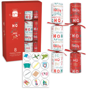 Bring festive cheer to your Christmas table with these delightful 8 x 12" Ho Ho Ho Family Christmas Crackers! This charming pack, supplied by Design Group, features eight beautifully designed crackers, perfect for family gatherings.
Each cracker boasts a classic red and white design, adorned with cheerful "Ho Ho Ho," "Holly Jolly," "Winter Wonderland," and "Season's Greetings" messages, elegantly tied with a red ribbon. Inside, guests will discover a wonderful assortment of small, family-friendly novelties. Expect delightful surprises such as mini notebooks, paper planes, crayons, playing cards, pencils, puzzles, and more – ensuring everyone finds a little joy. These crackers are a must-have for creating memorable moments and adding a touch of traditional fun to your holiday celebrations.