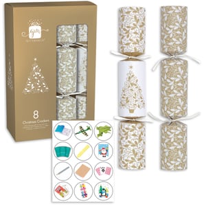 Bring a touch of elegance to your festive celebrations with our 8 x 12" Gold Family Crackers from Design Group. This beautiful set features eight crackers, each adorned with a sophisticated gold and white design, alternating between a delicate leafy pattern and a charming Christmas tree motif. Perfect for family gatherings, these crackers promise delightful surprises for everyone.
Inside, you'll discover a wonderful assortment of novelty gifts, from fun mini-games and puzzles like playing cards and building blocks, to playful items such as a toy airplane, a whistle, and a pencil and notepad. There are even festive figures like Santa and a penguin! Each cracker is tied with a crisp white ribbon, adding to their premium feel. Make your Christmas table truly sparkle with these enchanting crackers, designed to create lasting memories.