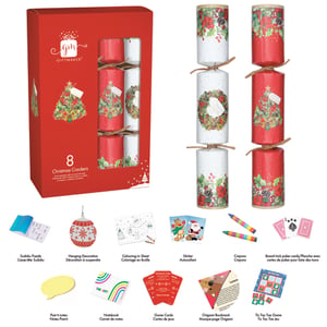 Bring festive cheer to any Christmas table with our delightful 8 x 12" Foliage Family Crackers from Design Group. This single pack contains eight beautifully designed crackers, featuring charming red and white patterns adorned with festive Christmas trees, wreaths, and classic foliage.
Each cracker promises a surprise inside, ensuring smiles all around. Guests will love discovering a fun assortment of gifts, including mini Sudoku puzzles, colourful crayons, a hanging decoration, playful game cards, a sticker, and even a tiny notebook. Perfect for family gatherings or festive parties, these crackers offer a wonderful blend of traditional charm and modern entertainment. Stock up on these must-have Christmas essentials!