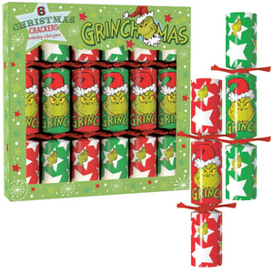 Get ready for a truly Grinchy Christmas with these fantastic 6 x 12" Grinch Crackers! Perfect for adding a touch of mischievous fun to your festive table, each cracker features the iconic Grinch in his Santa hat, alongside vibrant red and green designs with classic white stars. This pack of six crackers is sure to delight guests of all ages. The box even promises a fun game inside, ensuring extra entertainment after your Christmas feast. Bring the spirit of Grinchmas to life and make your celebrations unforgettable. These delightful crackers are sold as single packs, making them an ideal choice for your holiday gathering.