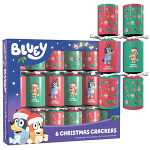 Make your Christmas celebrations extra special with these adorable 6 x 8" Bluey Mini Crackers! Perfect for little fans, this festive set brings the beloved Bluey and Bingo characters to your holiday table. Each cracker is beautifully designed in vibrant red and green, featuring Bluey and Bingo in their festive hats, alongside charming Christmas patterns like candy canes and snowflakes. Inside every cracker, you'll discover a fun board game, a classic party hat, a snap, and a cheerful motto, guaranteeing smiles and laughter. These delightful mini crackers are ideal for adding a touch of Bluey magic to family meals and festive gatherings this season.