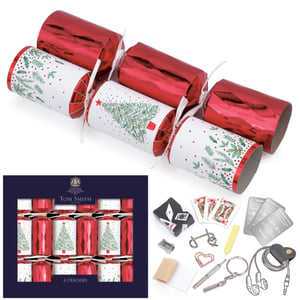 Bring festive cheer to your Christmas table with these delightful 6 x 8" Traditional Tree Crackers. Each pack contains six beautifully designed crackers, alternating between a classic red metallic finish and charming white designs featuring traditional Christmas trees and festive holly. Perfect for adding a touch of elegance and fun to any holiday gathering.
Inside, you'll discover a selection of traditional gifts, paper hats, and entertaining jokes, ensuring smiles all around. Crafted by Tom Smith, a renowned name in festive celebrations and part of the Design Group, these crackers promise quality and joy for your customers' celebrations. A wonderful addition to any festive occasion.