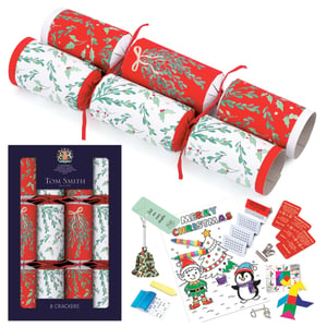 Add a touch of festive magic to your Christmas celebrations with these 8 x 12.5" Red Family Crackers from Tom Smith, supplied by Design Group. Each cracker features charming, traditional designs, alternating between vibrant red foliage and classic white holly and berries, beautifully tied with red ribbons. Inside, discover a delightful array of family-friendly surprises! Contents include engaging colouring sheets, fun puzzles, playful jokes, and charming small gifts like a festive bell ornament. Perfect for Christmas dinner or any seasonal gathering, these crackers are designed to bring joy to all. Available in single packs of eight.