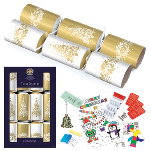 Add a touch of sparkle to your festive celebrations with these exquisite 8 x 12.5" Gold Family Crackers from Tom Smith. Presented in a sophisticated gold and white design, adorned with elegant Christmas trees and delicate snowflake patterns, these crackers are sure to enhance any Christmas table setting.
Each cracker promises a delightful surprise, perfect for entertaining the whole family. Inside, you'll discover a charming array of gifts and activities, including fun colouring sheets, engaging trivia cards, mini puzzles, and festive novelties like a decorative bell ornament. Designed to bring joy and laughter, these crackers offer something for everyone, ensuring memorable moments around the Christmas dinner table. Perfect for creating a truly magical holiday experience.