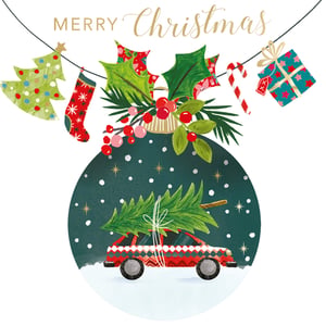 Bring festive cheer to your customers with these delightful 'Car In Bauble' Christmas cards from Second Nature. Each charming card features a beautifully illustrated scene: a classic red car, complete with a freshly cut Christmas tree on its roof, nestled within a sparkling bauble. Above, a string of whimsical decorations including holly, stockings, and candy canes adds to the joyful atmosphere, all topped with a warm "MERRY Christmas" message.

These cards are perfect for spreading holiday greetings. Each pack contains 10 cards, and they come in a convenient wholesale pack size of 1x6. What's more, these special cards proudly support EACH, making them a wonderful choice for giving back this festive season. A truly heartwarming design that captures the magic of Christmas!