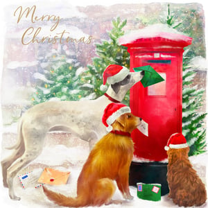 Spread festive cheer this Christmas with our delightful '10 Dogs Posting Letters' cards, brought to you by Second Nature. This heartwarming design captures three adorable dogs, all sporting Santa hats, busily posting their Christmas wishes into a classic red post box amidst a snowy scene. It's the perfect way to send season's greetings to friends and family.

Each pack contains 10 charming cards, and importantly, a portion of the proceeds from every sale supports EACH, a wonderful charity. Available in a convenient wholesale pack size of 1x6, these cards are sure to be a popular choice for your customers this holiday season.