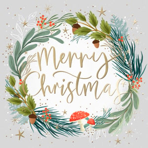 Share the joy of the season with these delightful "Merry Christmas" cards. Featuring a beautifully illustrated wreath, each card showcases a charming blend of festive elements. Lush green foliage, vibrant red berries, and rustic acorns are artfully arranged, complemented by whimsical red toadstools. Glistening gold stars and subtle speckles add a touch of magic to the light grey background. These elegant cards are ideal for sending heartfelt greetings to friends and family. Best of all, a portion of the proceeds from these cards supports EACH (East Anglia's Children's Hospices), adding extra meaning to every message. Each retail pack contains 10 cards, brought to you by Second Nature.