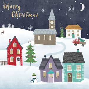 Bring the magic of a winter wonderland to your customers' festive greetings with our charming '10 Christmas Village' cards from Second Nature. This delightful design captures the serene beauty of a snowy Christmas Eve, featuring a picturesque village nestled amongst rolling hills. A quaint church, colourful houses, and a decorated Christmas tree glow under a starlit sky, while a friendly snowman and a reindeer add to the festive cheer.

Each pack contains 10 beautifully illustrated cards, perfect for sharing warm wishes with loved ones. What's more, these special cards are sold in support of EACH (East Anglia's Children's Hospices), adding an extra layer of goodwill to every send. Supplied in convenient wholesale packs of 6, these heartwarming cards are a wonderful way